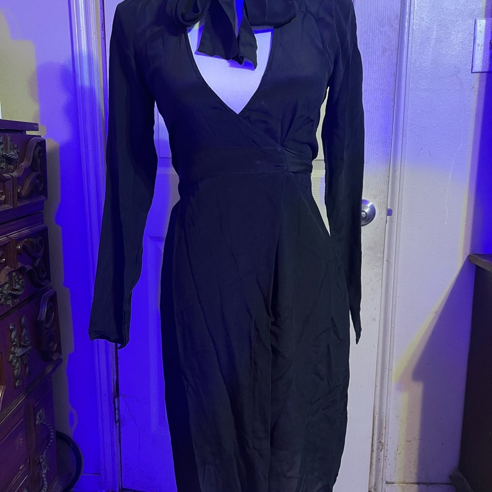 State of Being Black Long-Sleeve pure silk wrap dress with bow